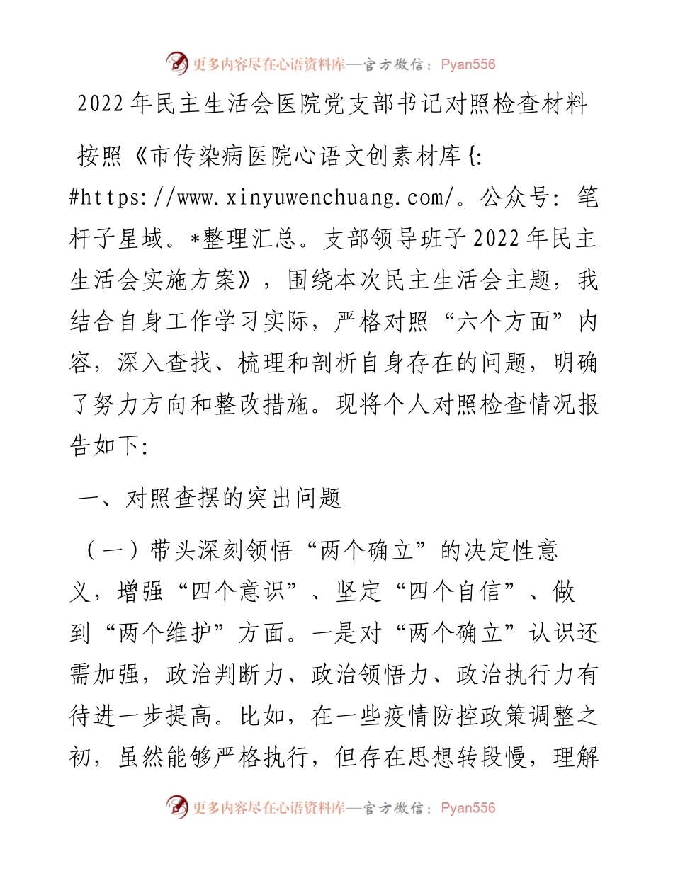 20230301：民主生活会医院党支部书记对照检查材料.docx_第1页