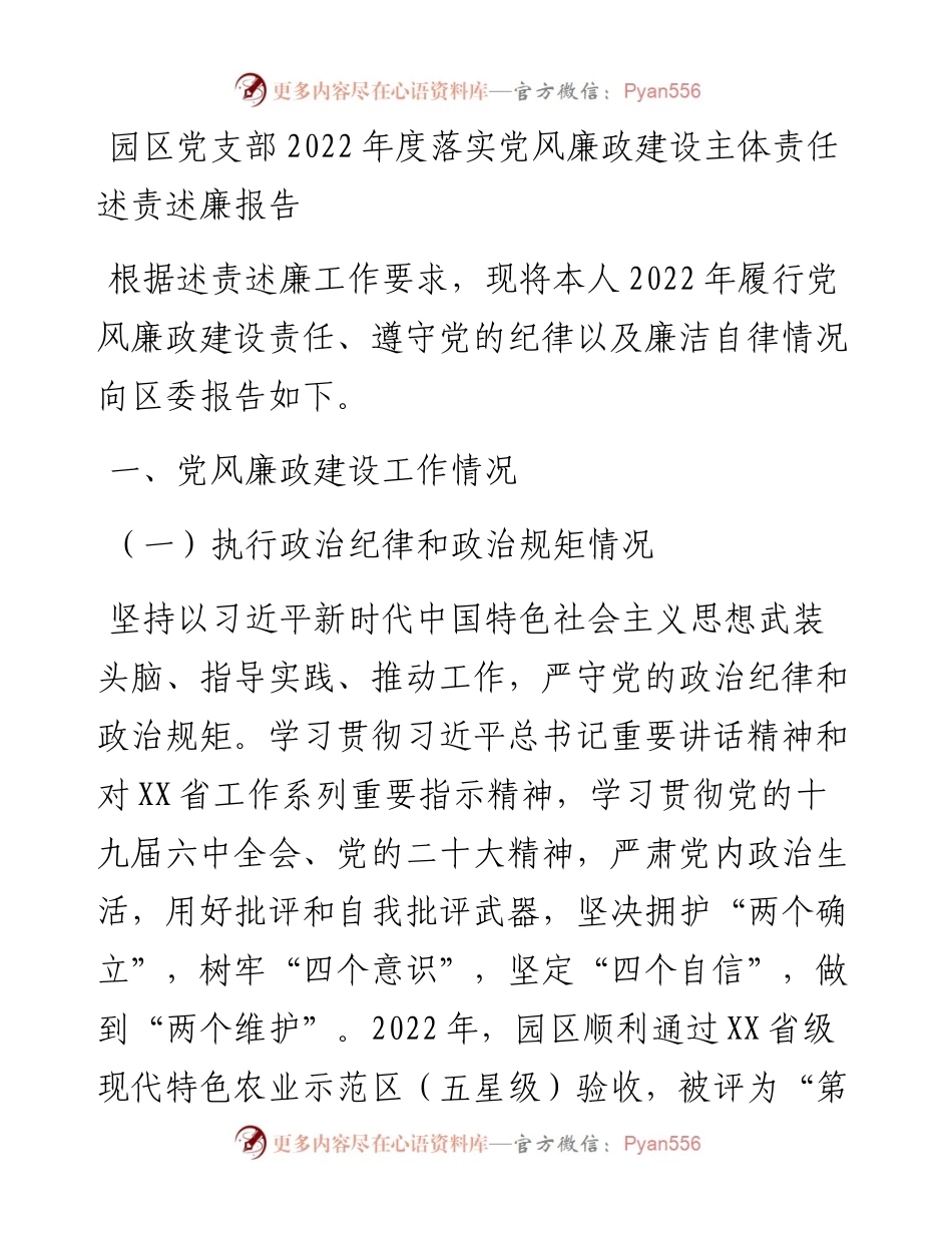 20230322：园区党支部度落实党风廉政建设主体责任述责述廉报告.docx_第1页
