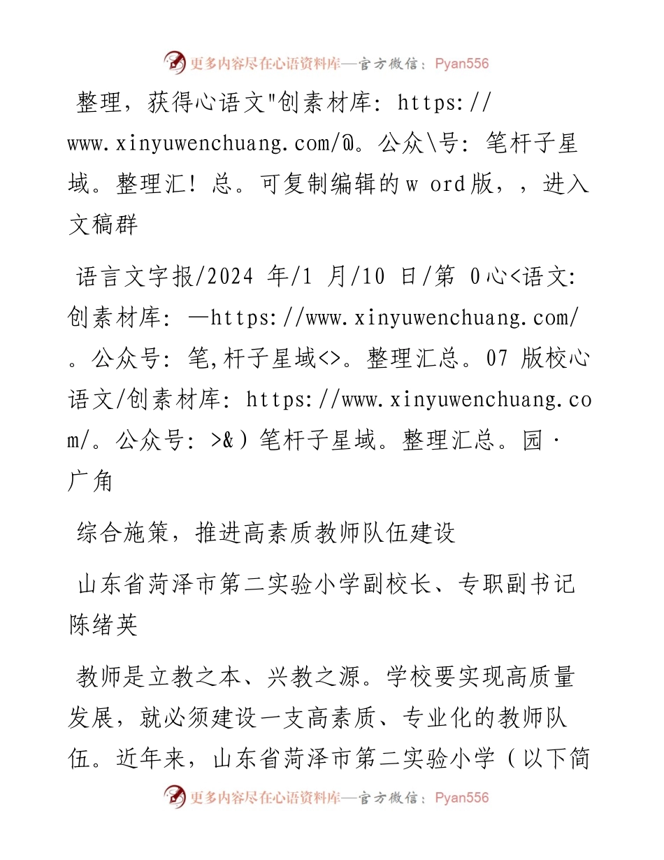 2024.01.10山东省菏泽市第二实验小学副校长、专职副书记陈绪英：综合施策，推进高素质教师队伍建设.docx_第1页