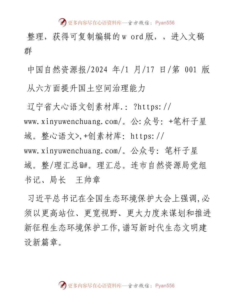 2024.01.17辽宁省大连市自然资源局党组书记、局长王帅章：从六方面提升国土空间治理能力.docx_第1页