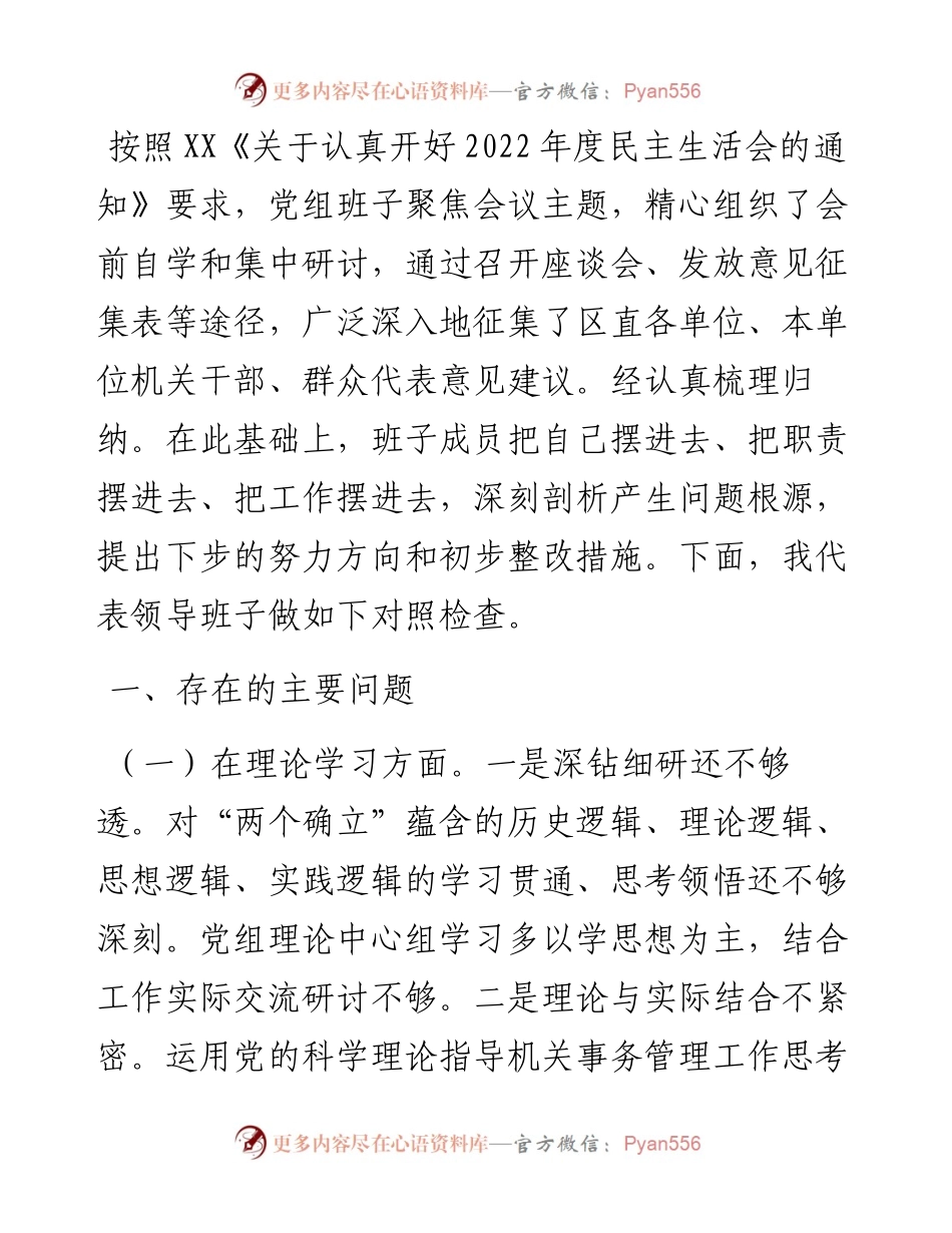 2023年主题教育专题民主生活会班子的对照检查材料.docx_第1页
