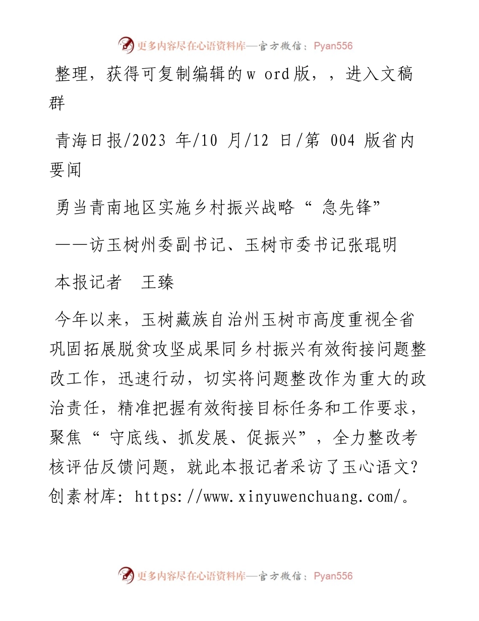 2023.10.12本报记者王臻：勇当青南地区实施乡村振兴战略急先锋.docx_第1页