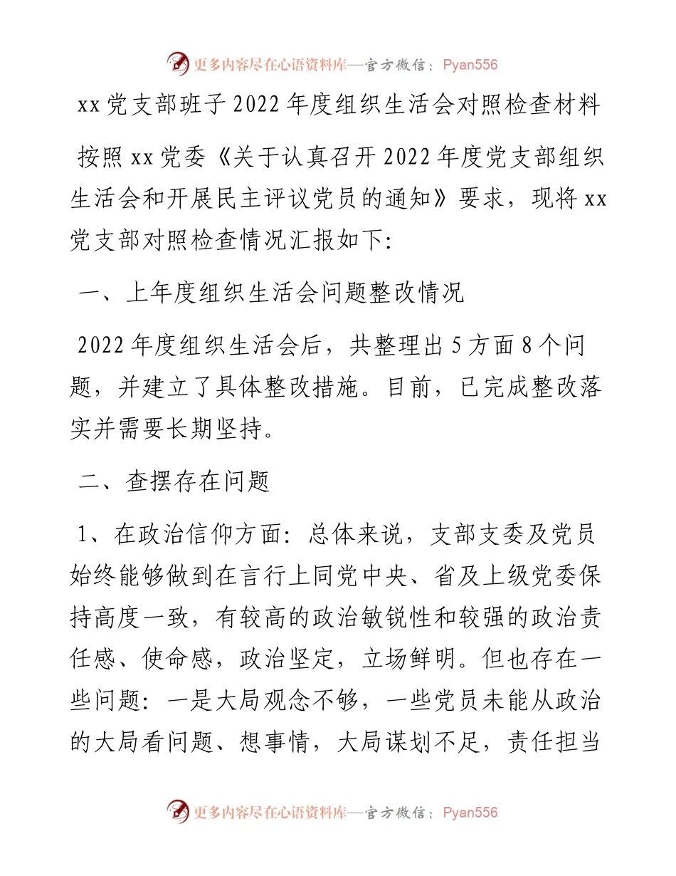 20230311：xx党支部班子度组织生活会对照检查材料.docx_第1页