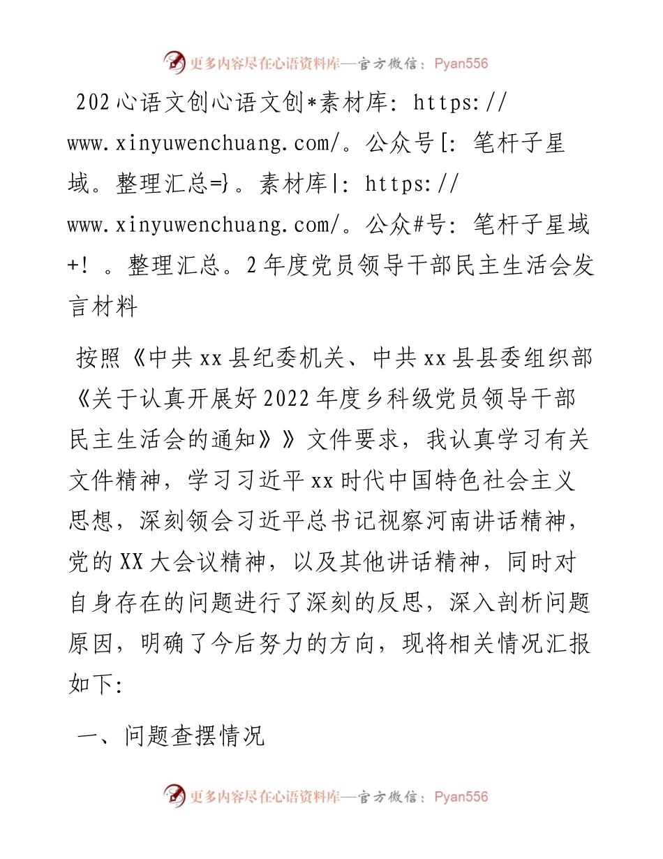 20230311：度党员领导干部民主生活会发言材料(2).docx_第1页