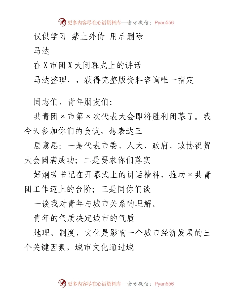 [发言] 代表大会闭幕式 - 青年与城市：塑造美好未来的力量.docx_第1页
