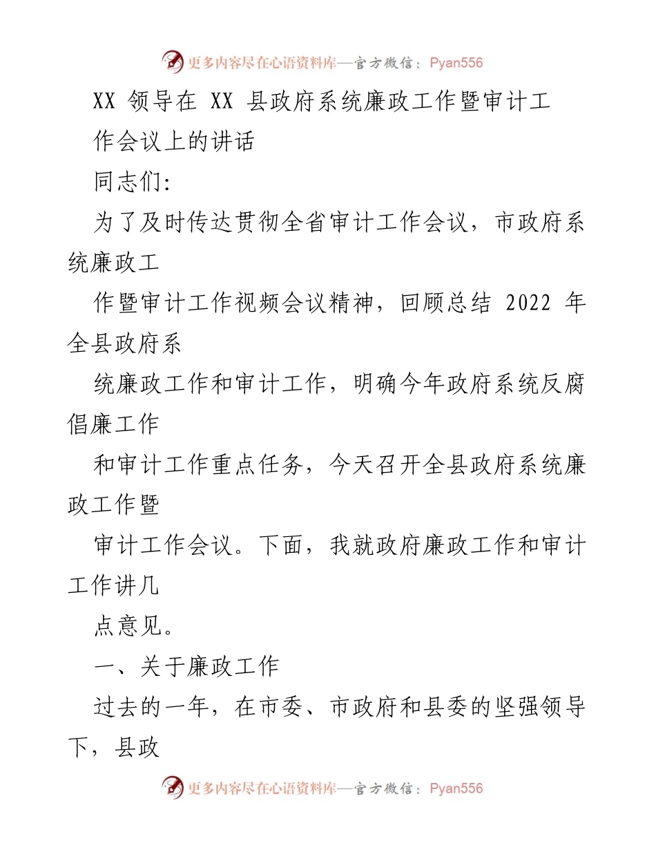 [发言] 会议 - XX县政府系统廉政工作暨审计工作会议讲话.docx_第1页