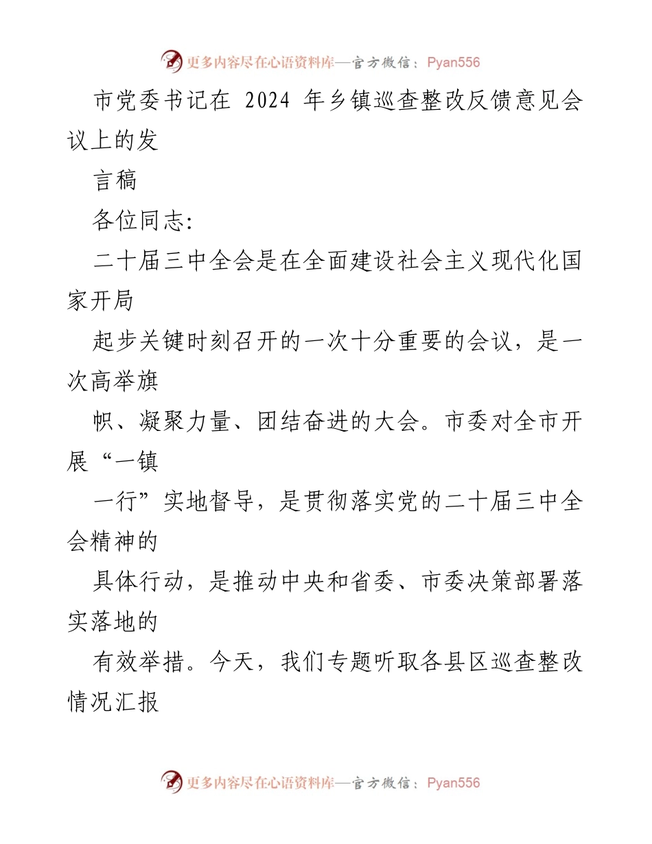 [发言] 乡镇巡查整改反馈意见会议 - 加强巡视整改落实，推动高质量发展.docx_第1页