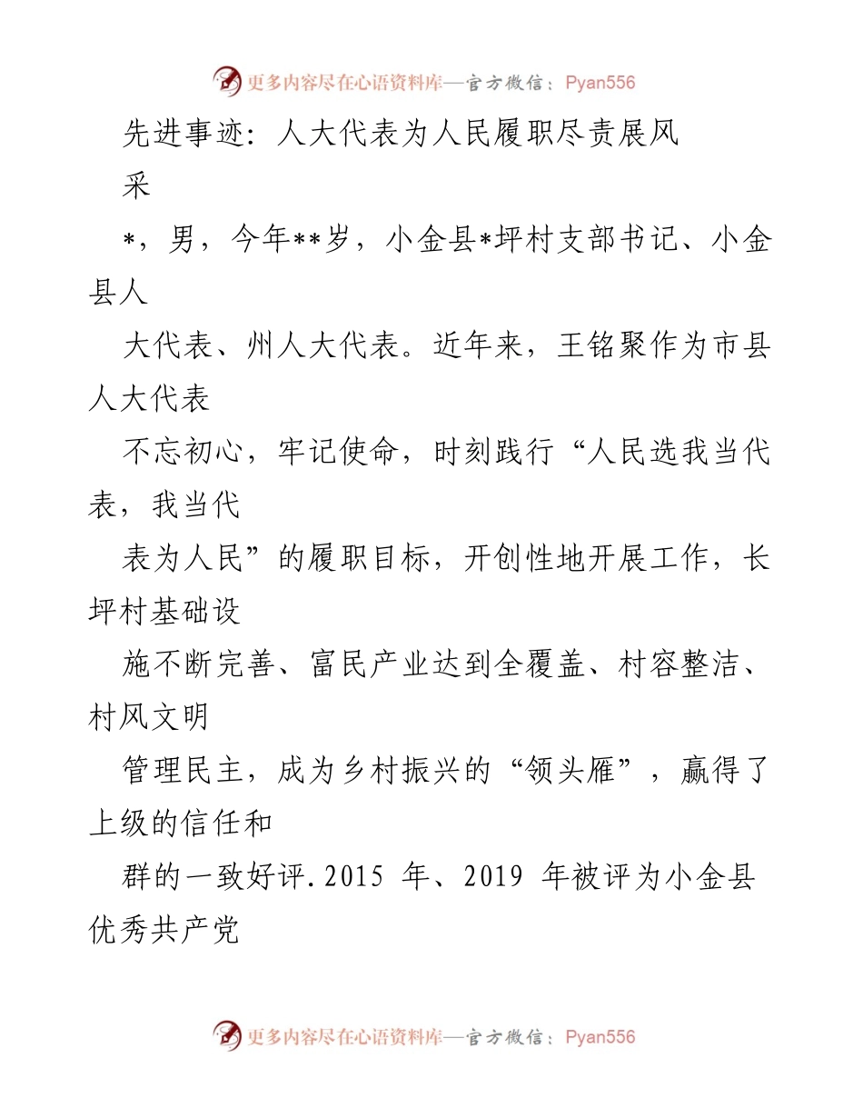 [发言] 人大代表表彰大会 - 人大代表王铭：践行初心使命，推动乡村振兴的先锋典范.docx_第1页