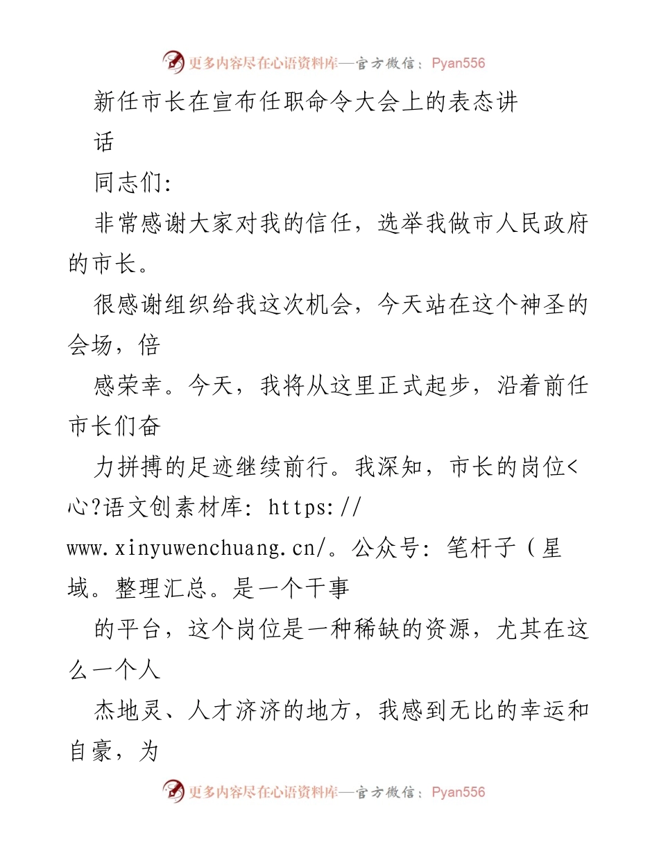 [发言] 任职大会 - 新任市长的表态与承诺_1.docx_第1页