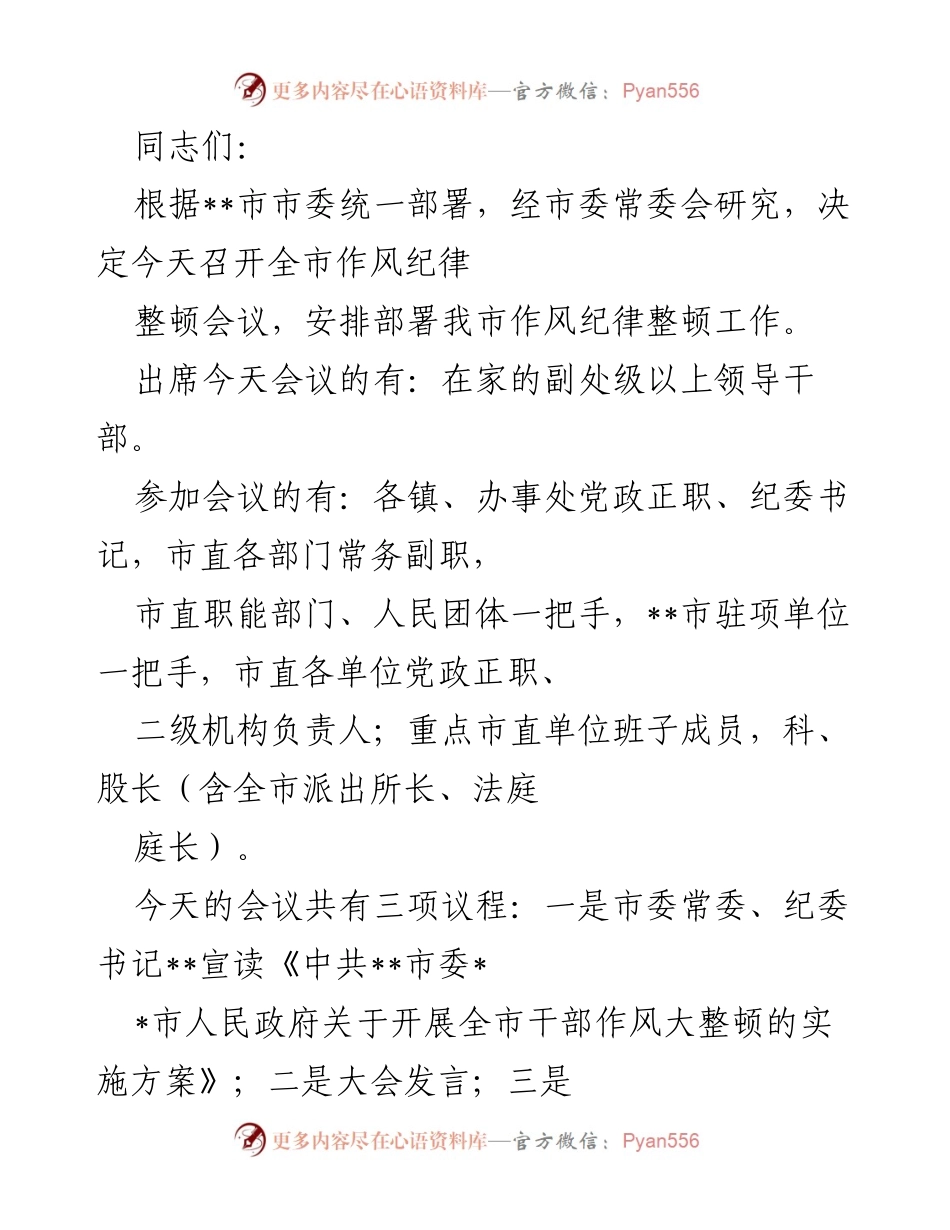 [发言] 会议 - 全市作风纪律整顿会议安排与实施方案解读.docx_第1页