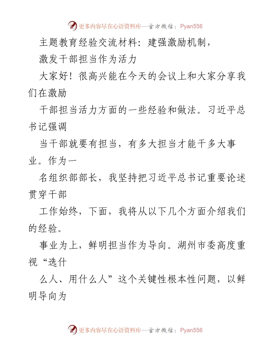 [发言] 主题教育经验交流会 - 激励机制建设与干部担当活力提升经验分享.docx_第1页