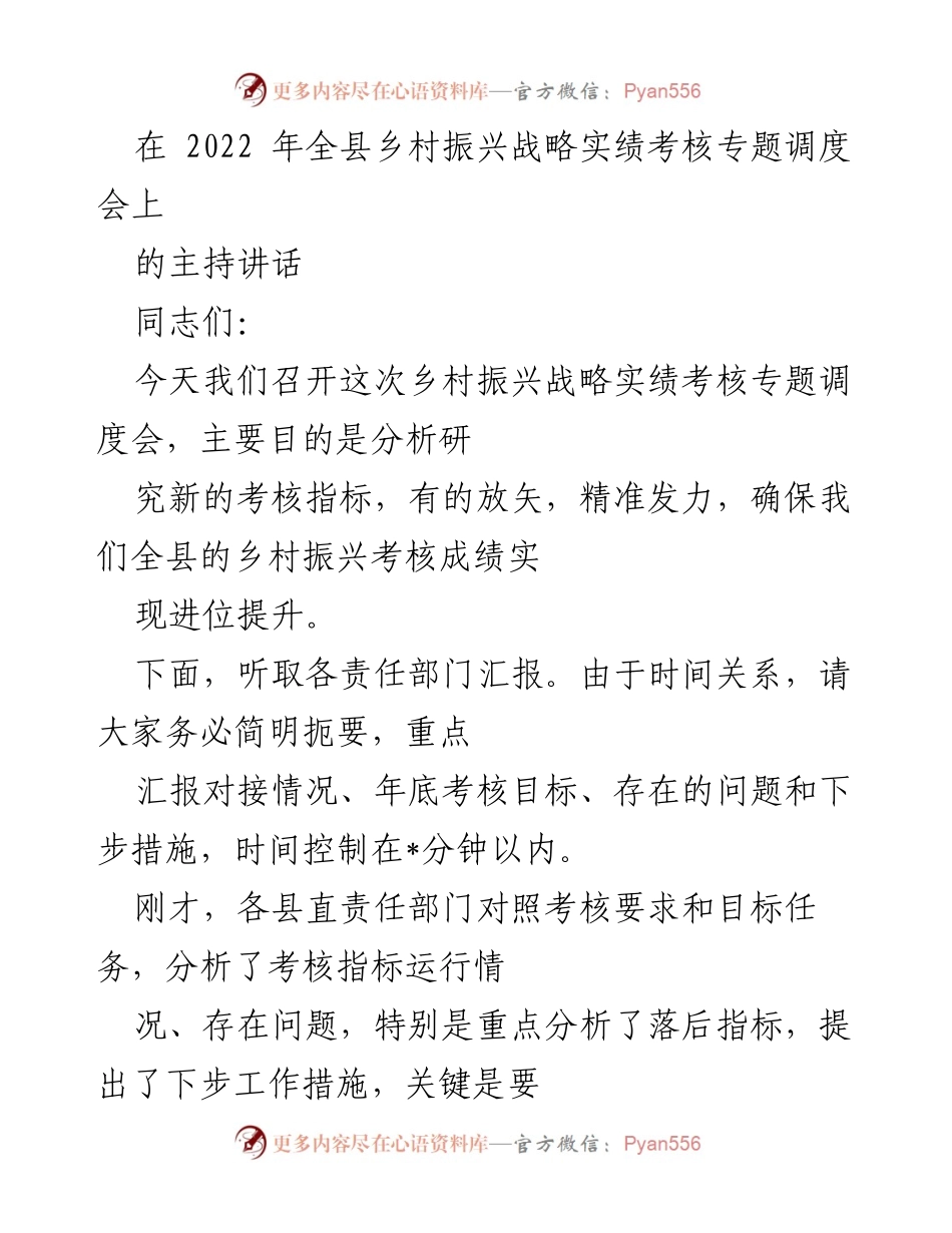 [发言] 乡村振兴战略实绩考核专题调度会 - 强化乡村振兴考核意识，确保实绩提升_1.docx_第1页