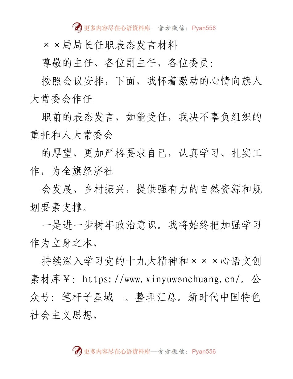 [发言] 任职表态 - 局长任职表态发言：坚定信念，推动自然资源事业发展.docx_第1页