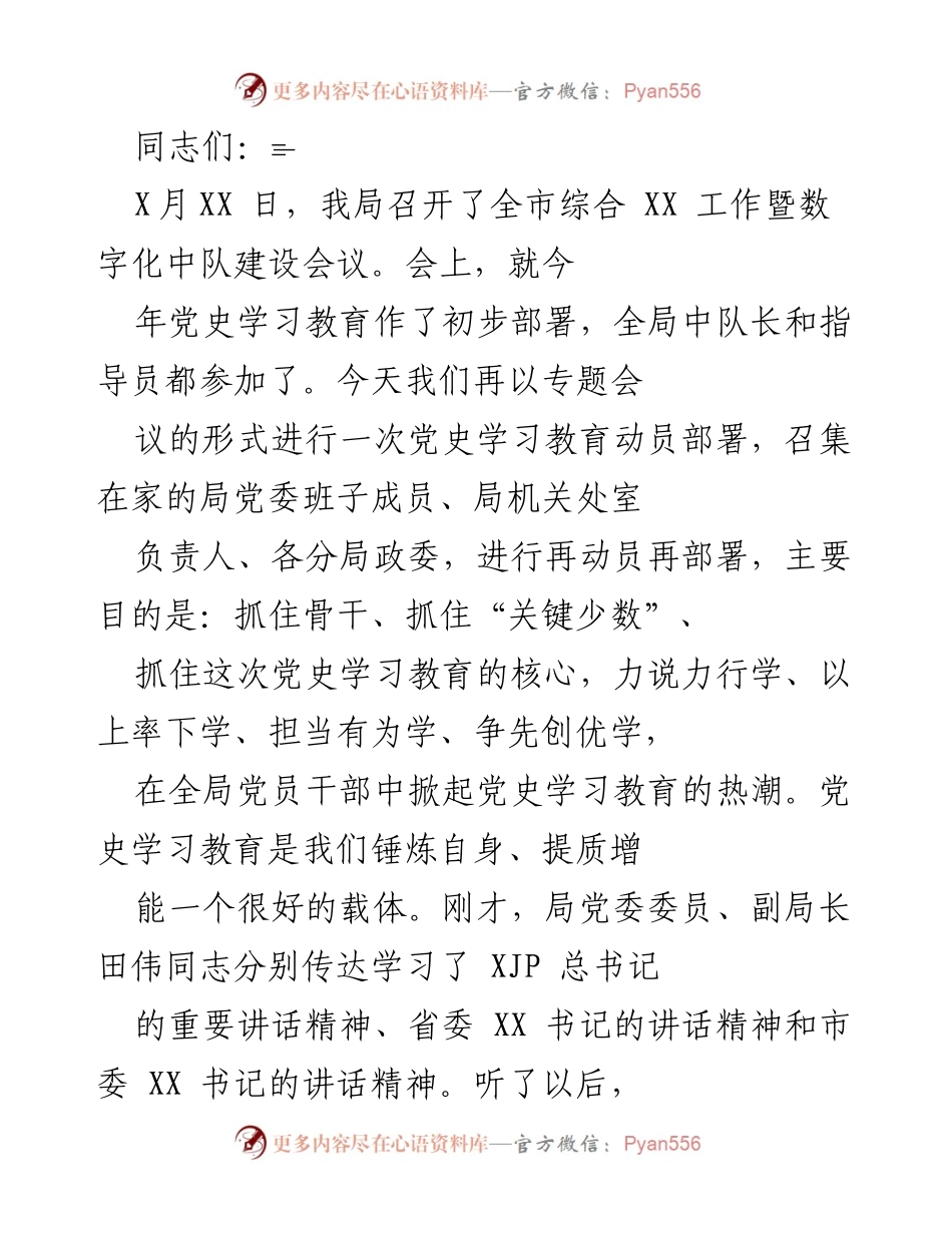 [发言] 会议 - 全市综合工作暨数字化中队建设会议党史学习教育动员部署.docx_第1页