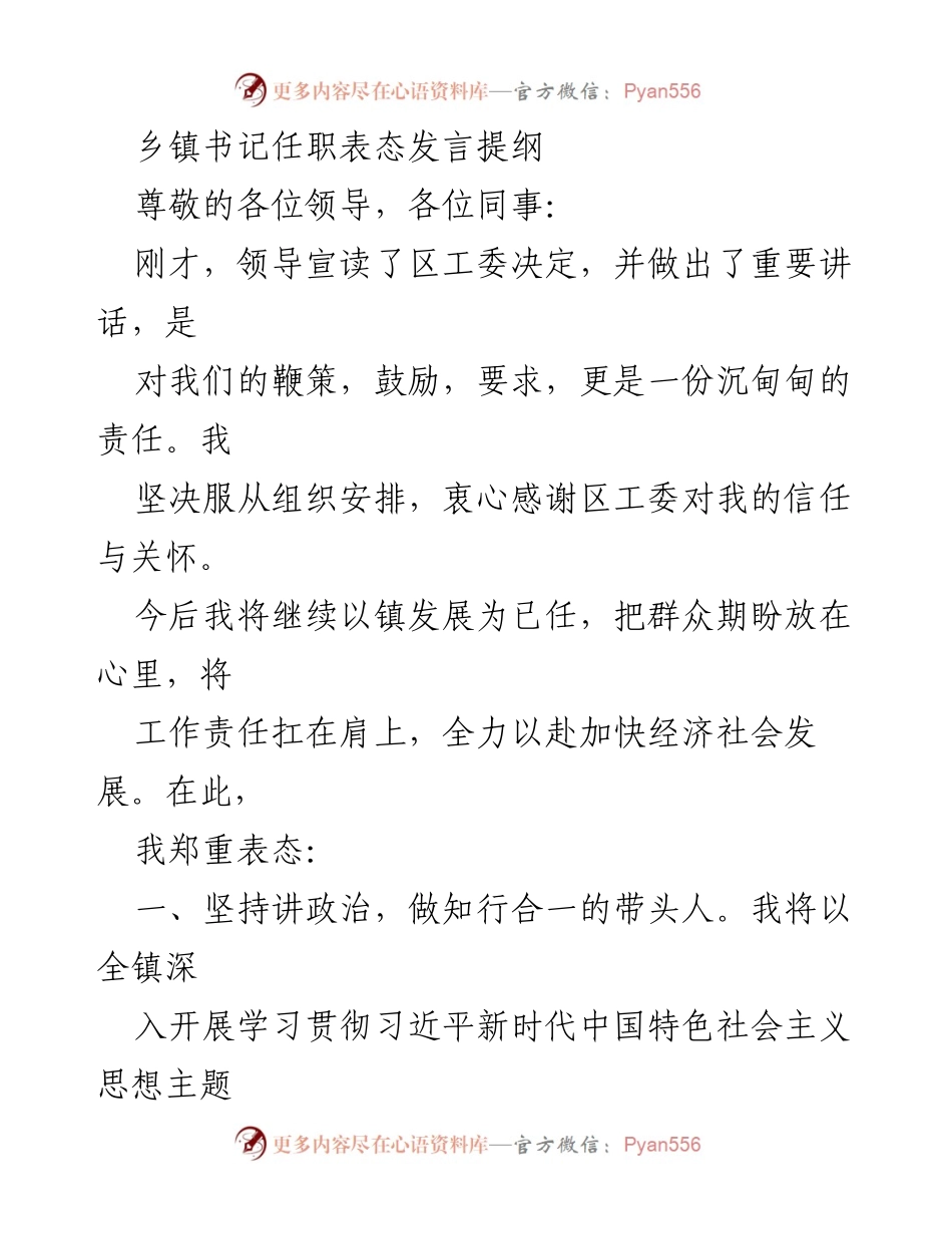 [发言] 乡镇书记任职 - 乡镇书记任职表态发言提纲.docx_第1页