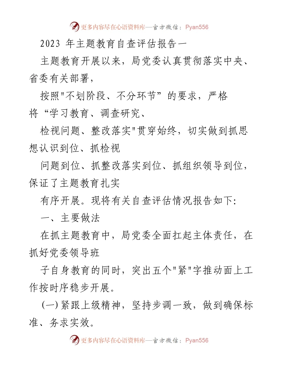 [发言] 主题教育自查评估 - 2023年主题教育自查评估报告总结.docx_第1页