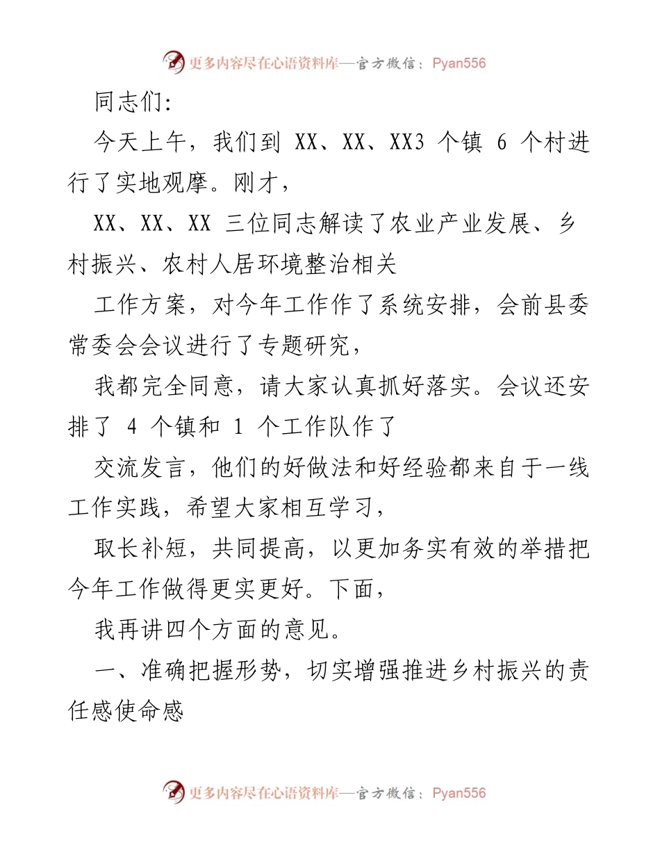 [发言] 乡村振兴工作会议 - 加强责任感，推动乡村振兴战略落实.docx_第1页