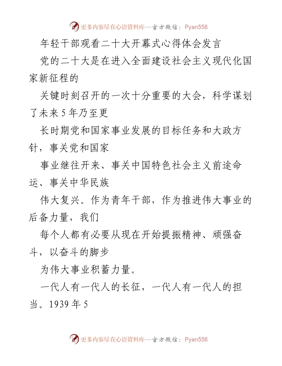[发言] 二十大开幕式心得体会 - 青年干部的奋斗精神与责任担当.docx_第1页