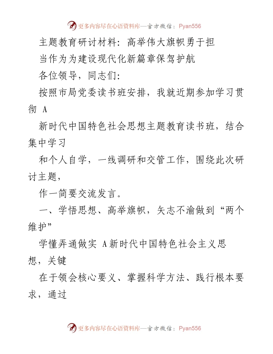 [发言] 主题教育研讨会 - 高举伟大旗帜，勇担新时代公安交管使命.docx_第1页