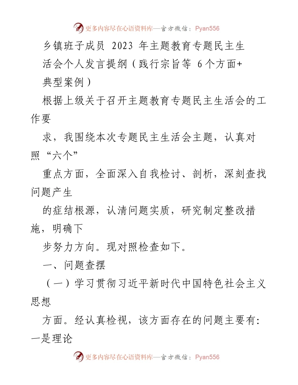 [发言] 乡镇主题教育专题民主生活会 - 个人发言提纲：深入自我检讨与整改措施研究.docx_第1页