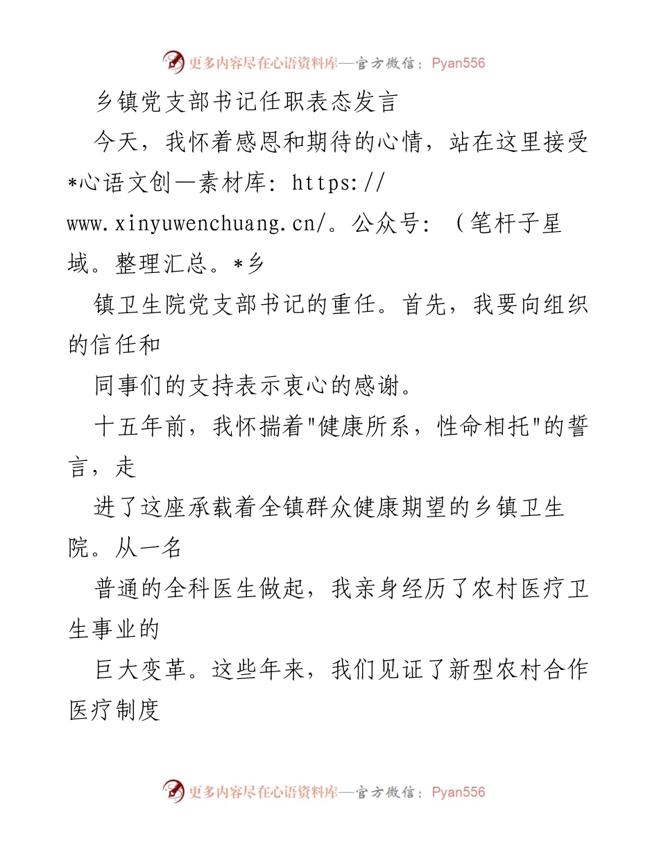 [发言] 乡镇卫生院党支部书记任职 - 新任党支部书记的工作表态与未来展望.docx_第1页