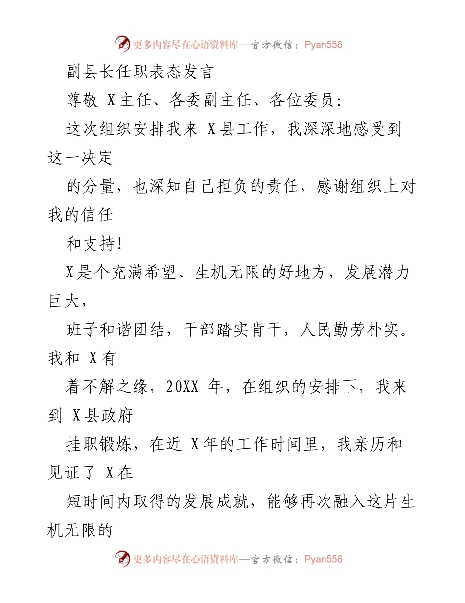 [发言] 任职表态 - 副县长任职表态发言与工作承诺.docx_第1页