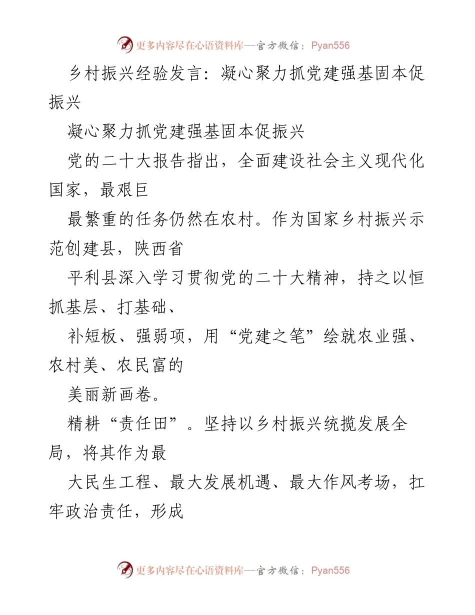 [发言] 乡村振兴经验交流会 - 凝心聚力抓党建，推动乡村振兴新篇章.docx_第1页