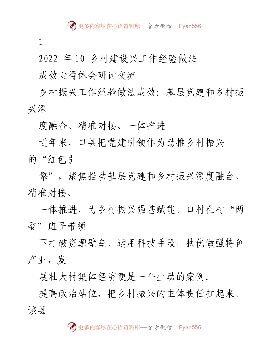 [发言] 乡村振兴研讨会 - 党建引领乡村振兴的经验与成效分享.docx_第1页