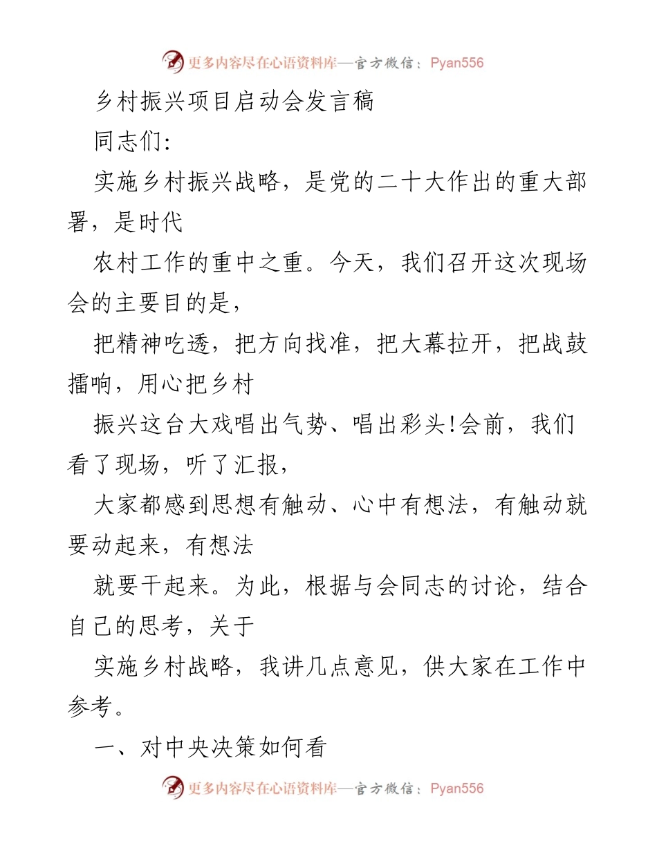 [发言] 乡村振兴项目启动会 - 深入理解乡村振兴战略的重要性与实施路径.docx_第1页