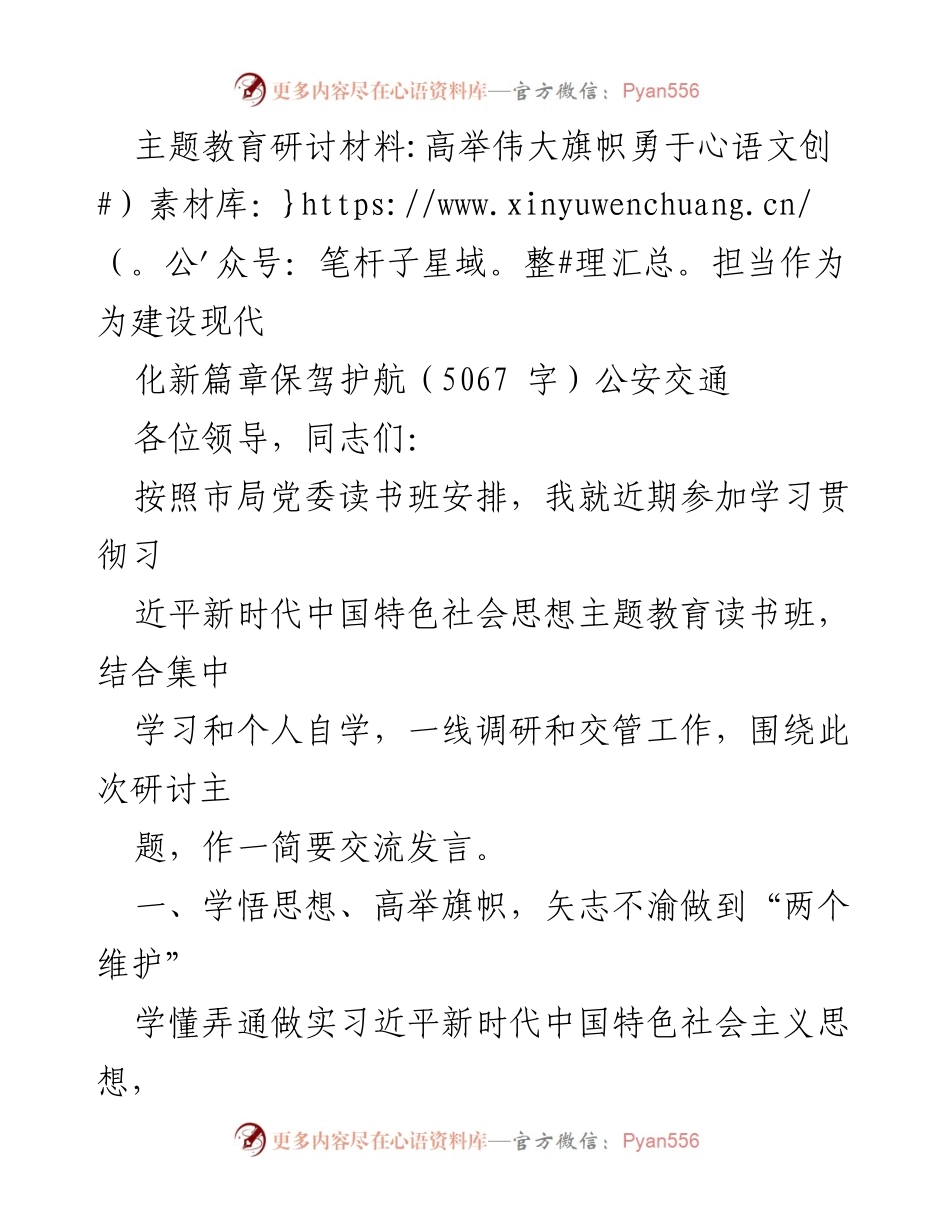 [发言] 主题教育研讨会 - 高举伟大旗帜，勇于担当，推动公安交管现代化发展.docx_第1页
