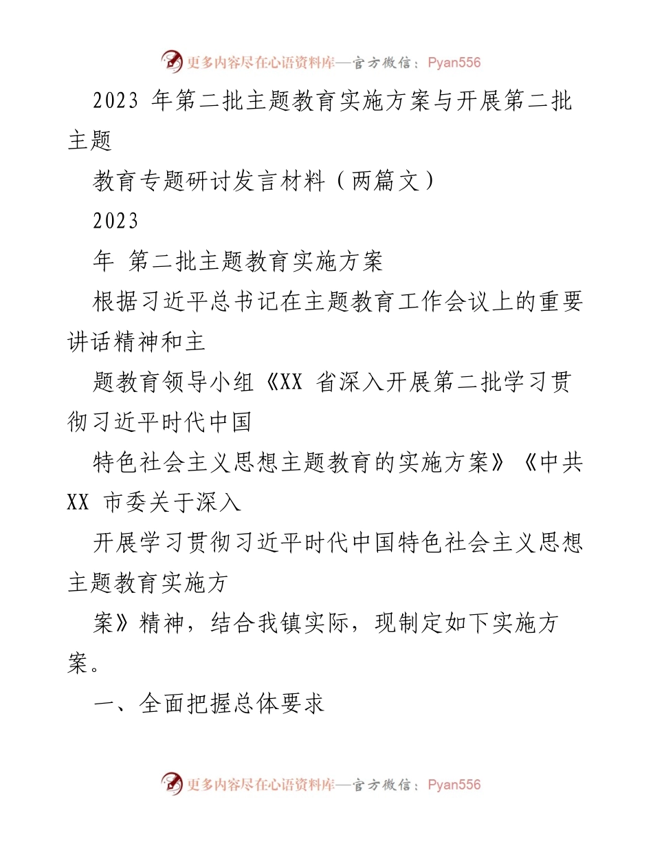 [发言] 主题教育研讨会 - 2023年第二批主题教育实施方案及研讨要点.docx_第1页
