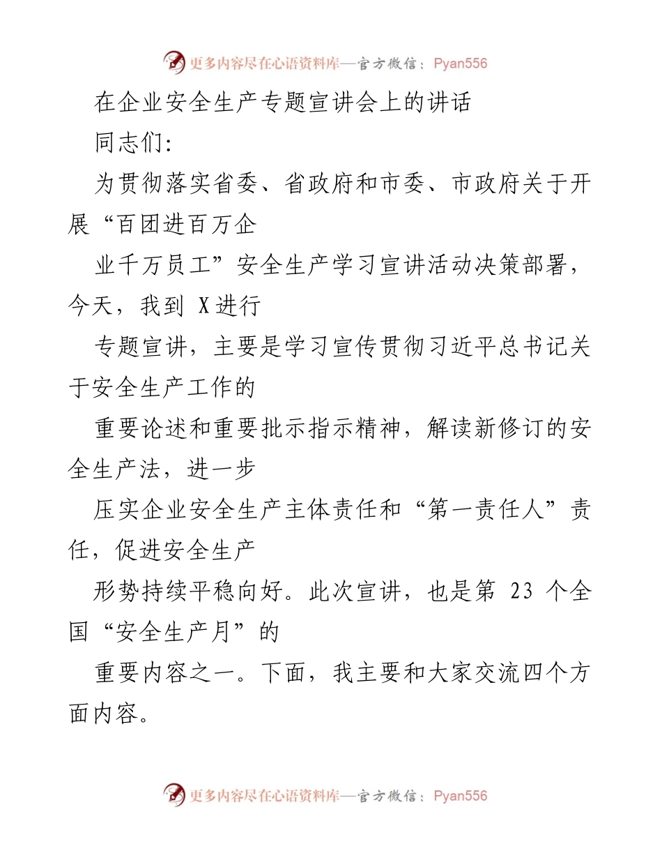 [发言] 企业安全生产专题宣讲会 - 加强安全生产责任落实，推动安全与发展并重.docx_第1页