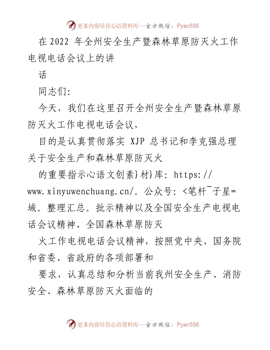 [发言] 会议 - 全州安全生产暨森林草原防灭火工作电视电话会议讲话.docx_第1页