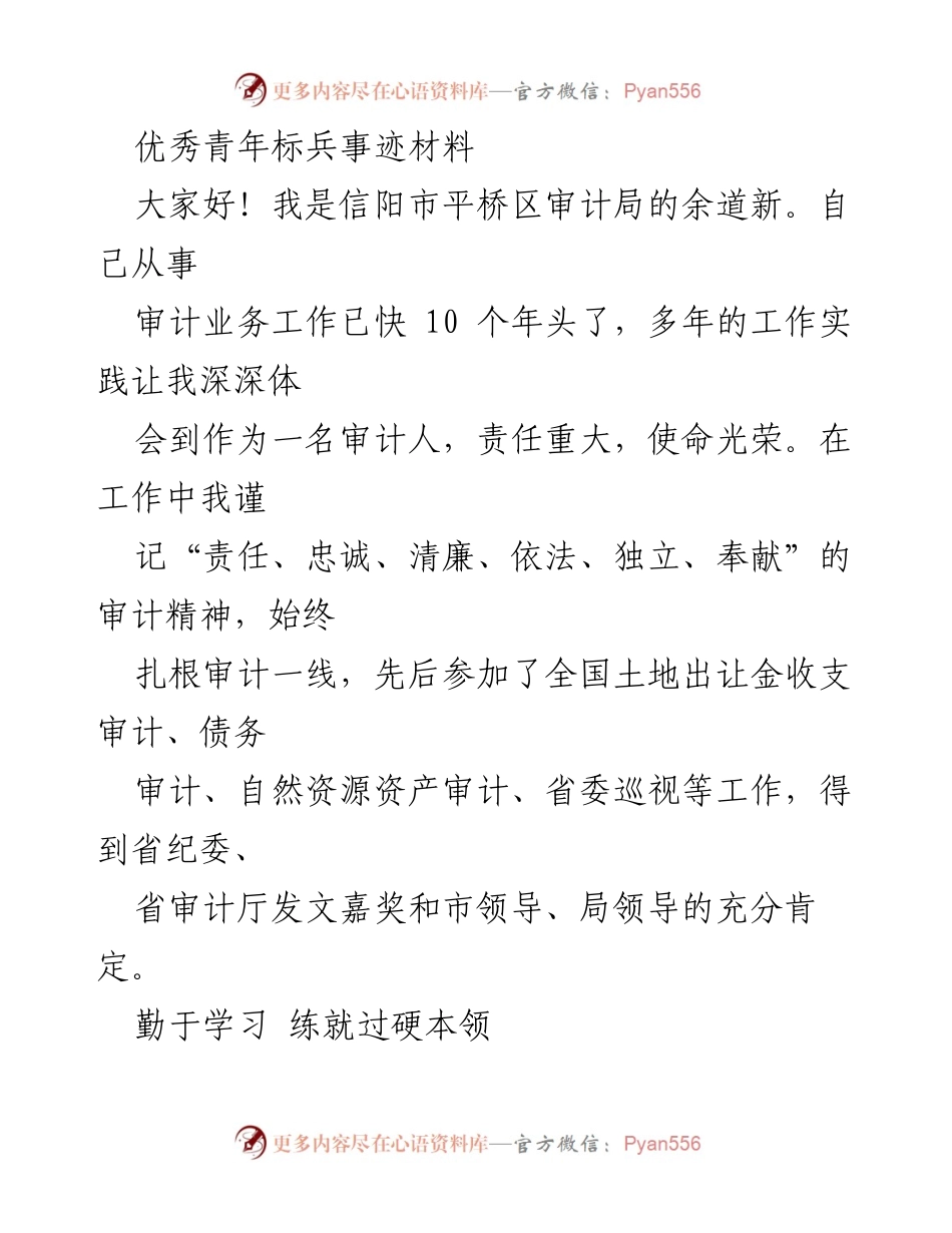 [发言] 优秀青年标兵表彰大会 - 审计人的责任与奉献精神.docx_第1页