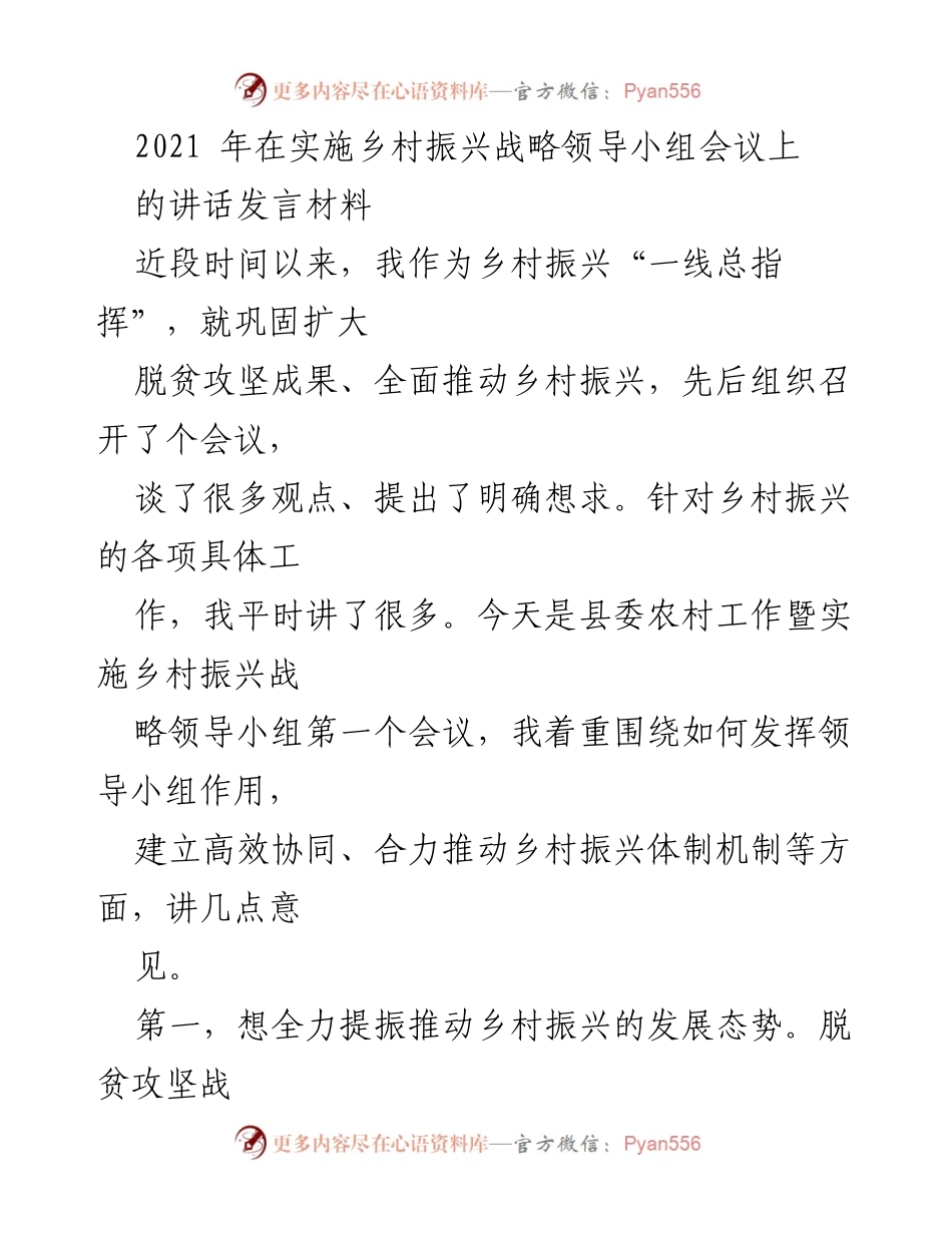 [发言] 乡村振兴战略会议 - 加快推动乡村振兴的战略思考与实施.docx_第1页