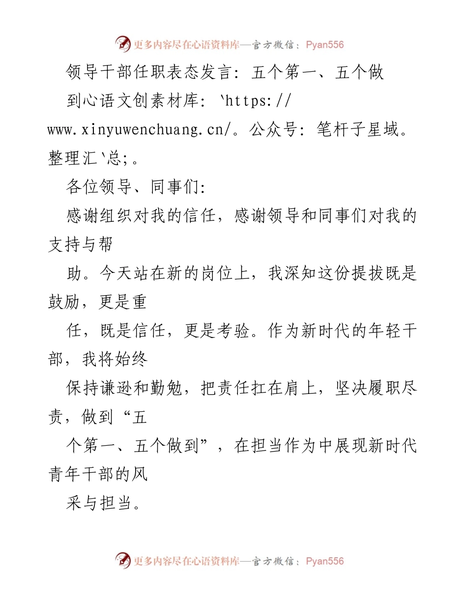 [发言] 任职表态 - 新时代年轻干部的责任与担当：五个第一、五个做到_1.docx_第1页