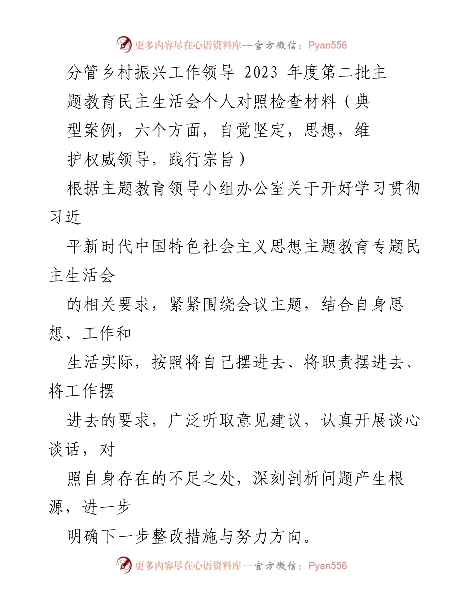 [发言] 乡村振兴工作领导民主生活会 - 2023年度个人对照检查材料分析与反思.docx_第1页