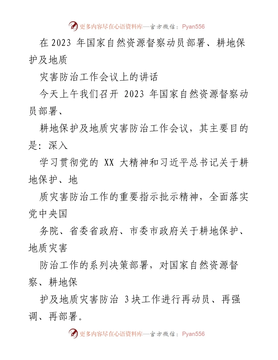 [发言] 会议 - 2023年国家自然资源督察动员部署及耕地保护工作重要讲话.docx_第1页