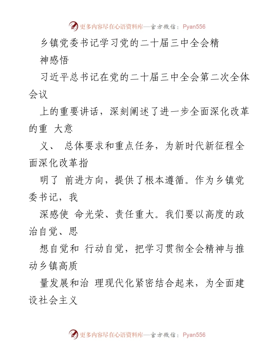 [发言] 乡镇党委书记学习会议 - 深刻领会党的二十届三中全会精神，推动乡镇高质量发展.docx_第1页