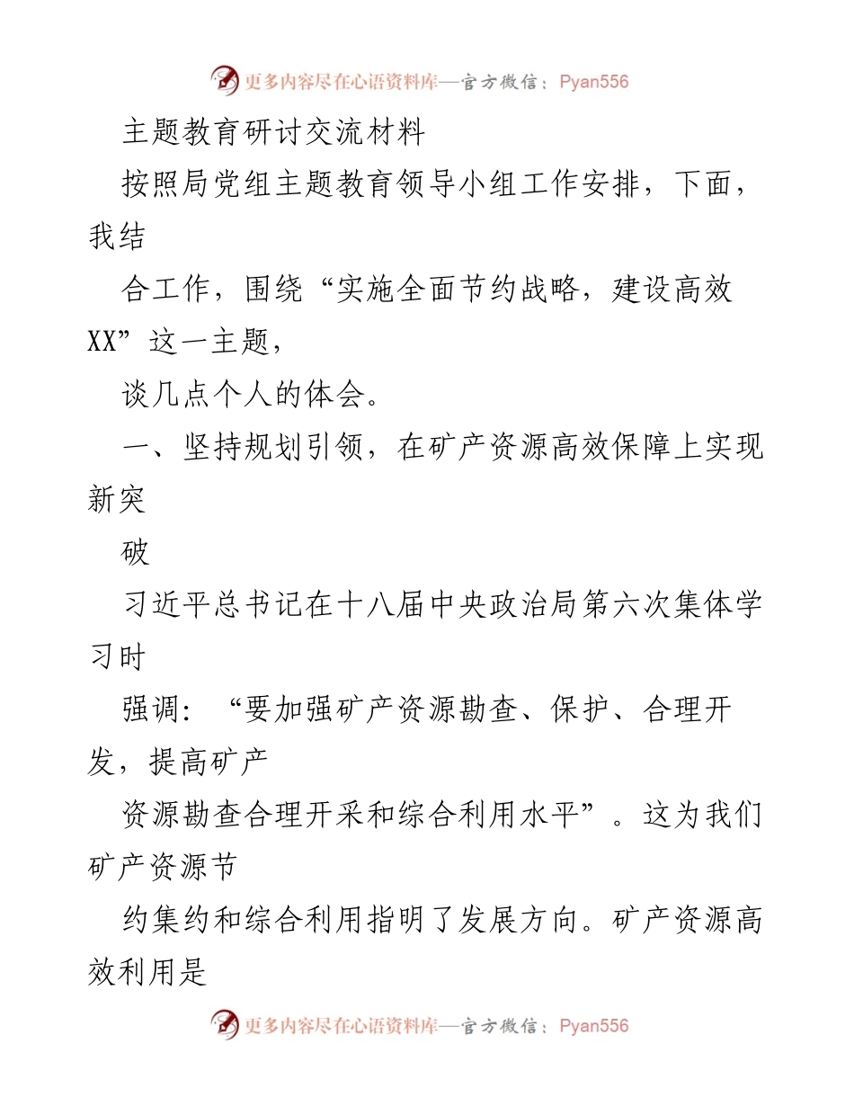 [发言] 主题教育研讨会 - 实施全面节约战略，推动矿产资源高效利用与地质灾害防治新突破.docx_第1页