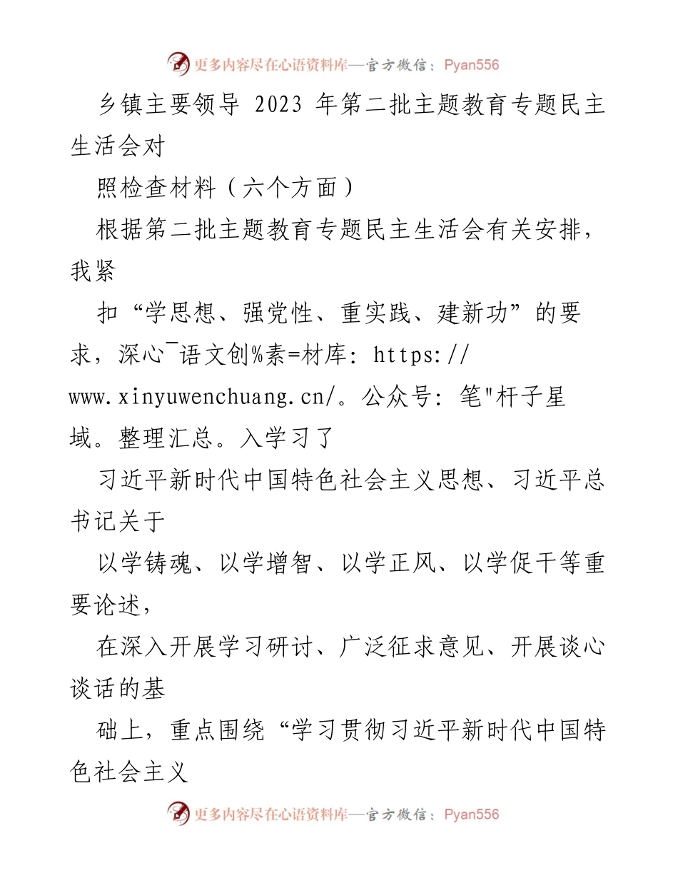 [发言] 乡镇主要领导民主生活会 - 2023年第二批主题教育专题民主生活会对照检查材料总结.docx_第1页