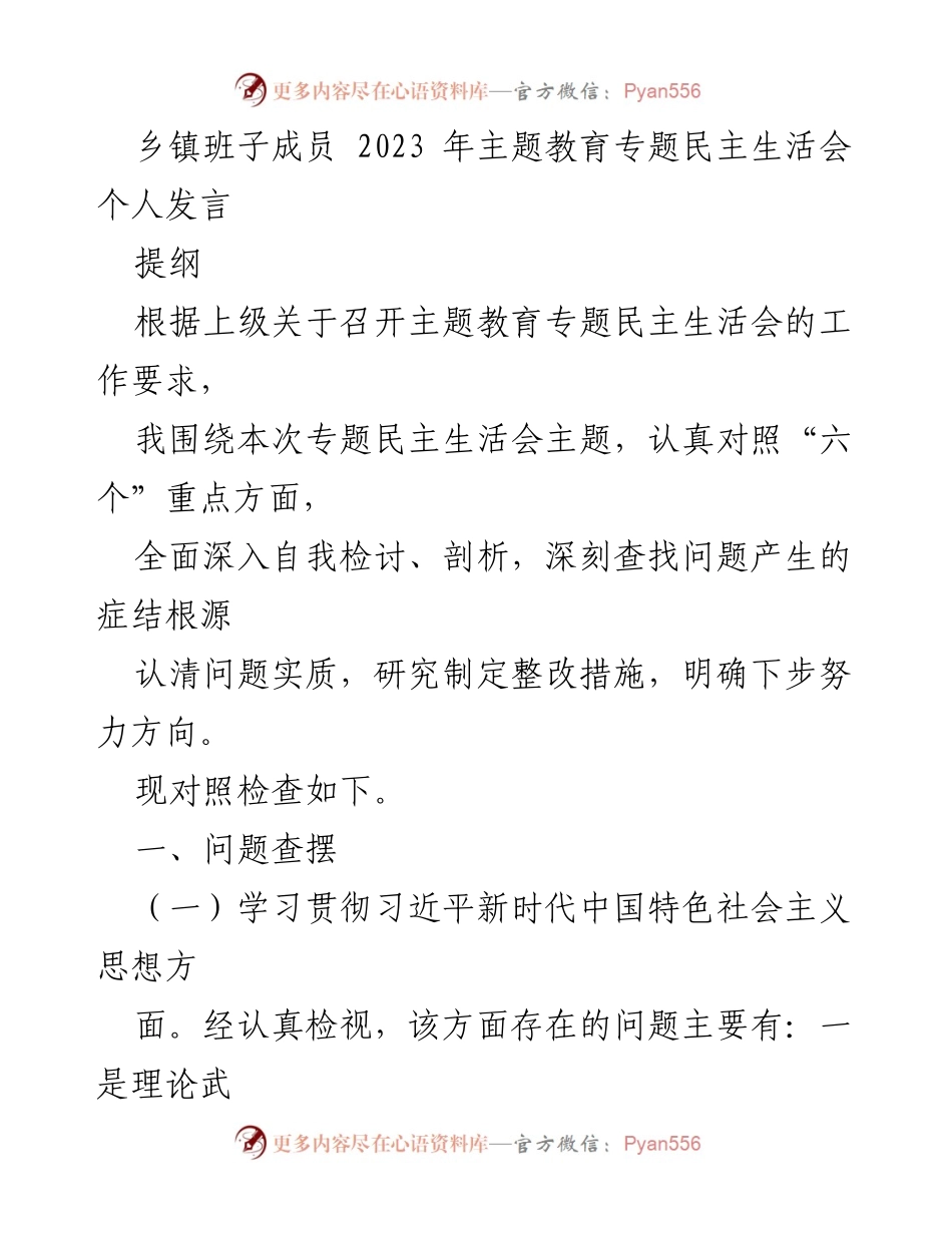 [发言] 乡镇班子成员2023年主题教育专题民主生活会 - 个人自我检讨与整改措施发言.docx_第1页