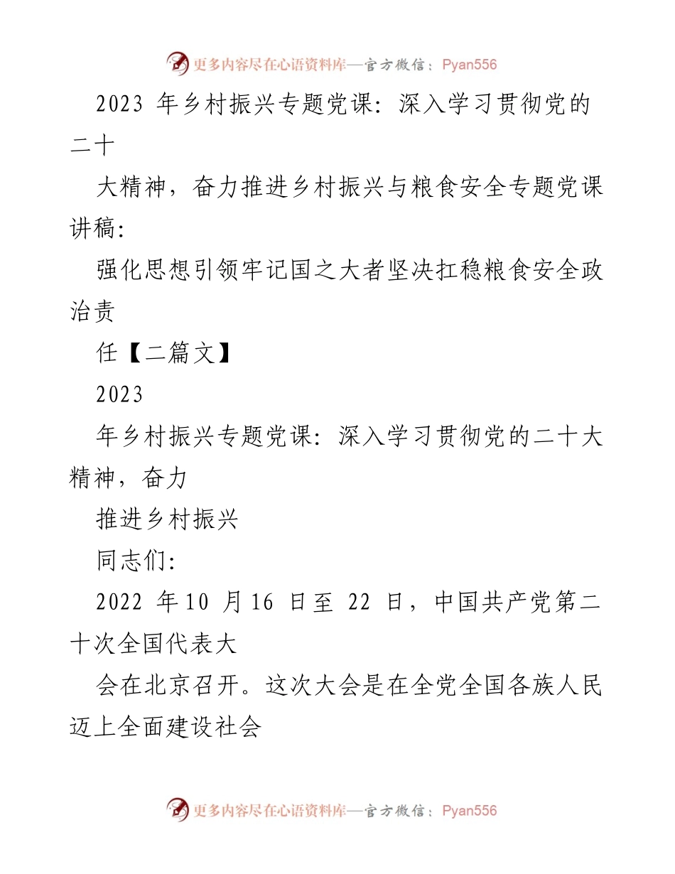 [发言] 乡村振兴专题党课 - 深入学习党的二十大精神，推动乡村振兴与粮食安全.docx_第1页