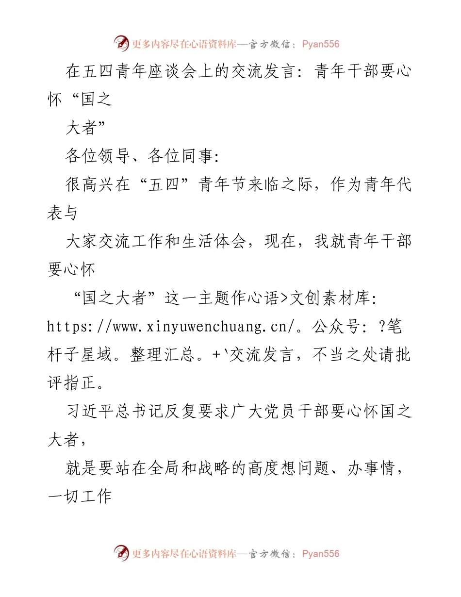 [发言] 五四青年座谈会 - 青年干部应心怀“国之大者”.docx_第1页