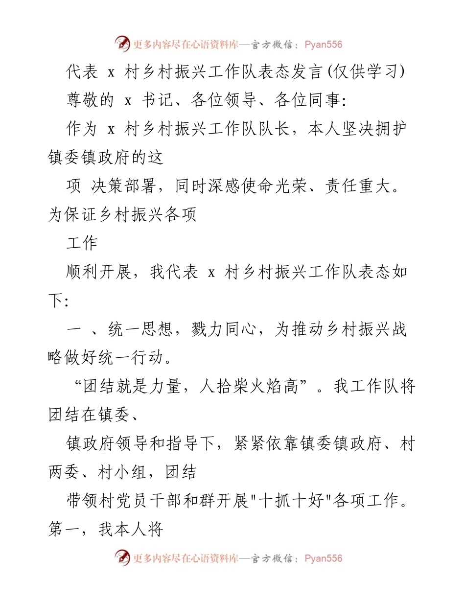 [发言] 乡村振兴工作会议 - x 村乡村振兴工作队表态发言.docx_第1页