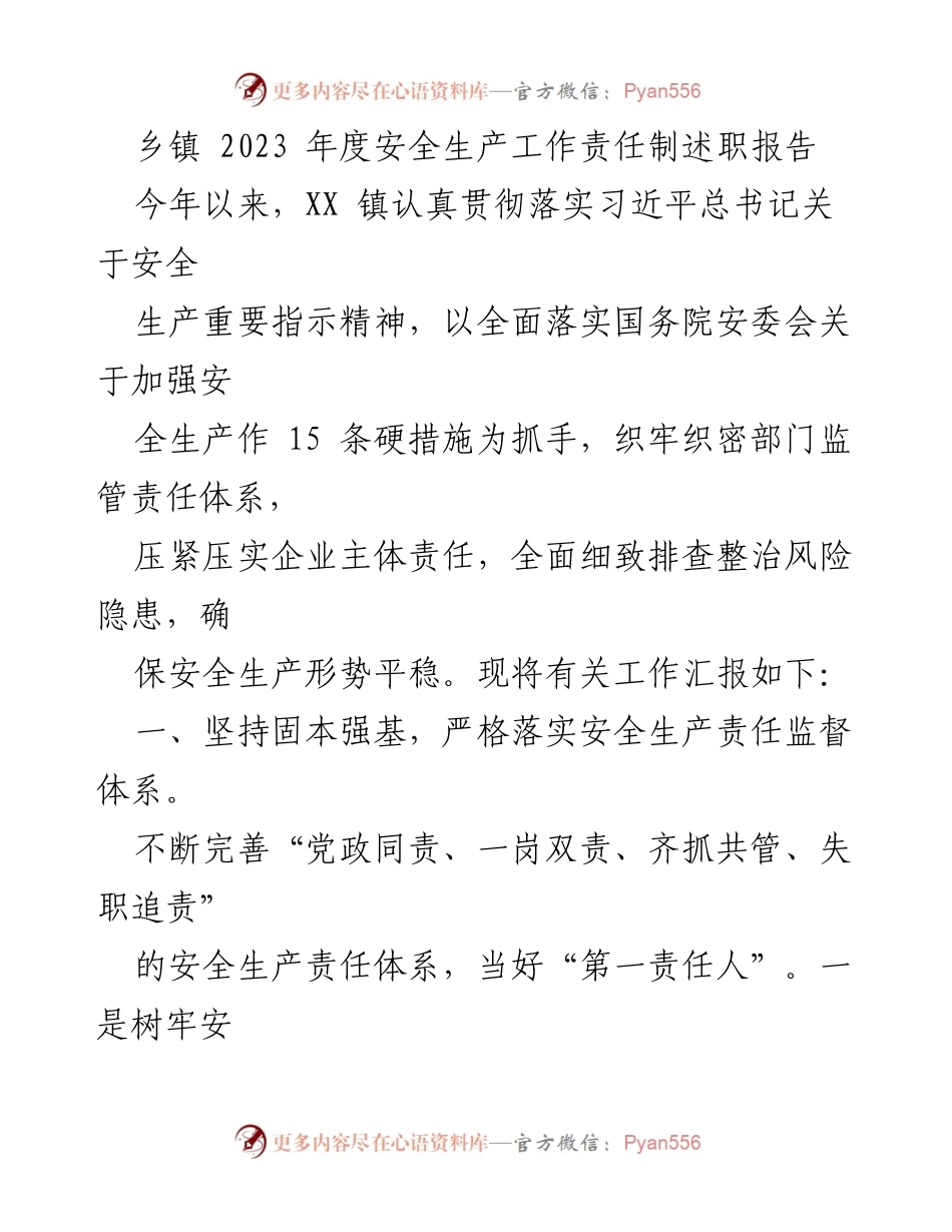 [发言] 乡镇安全生产工作会议 - 2023年度安全生产工作责任制述职报告.docx_第1页