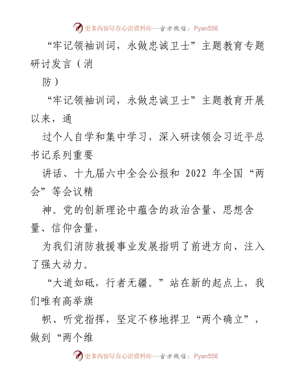 [发言] 主题教育研讨会 - “牢记领袖训词，永做忠诚卫士”——消防救援队伍的使命与担当.docx_第1页