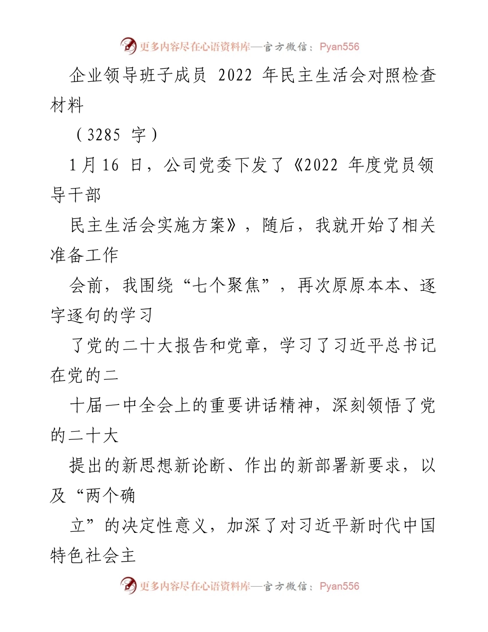 [发言] 企业领导班子民主生活会 - 2022年度民主生活会对照检查材料总结.docx_第1页