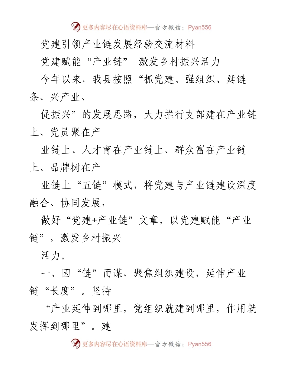 [发言] 产业链发展经验交流会 - 党建赋能产业链，激发乡村振兴活力.docx_第1页