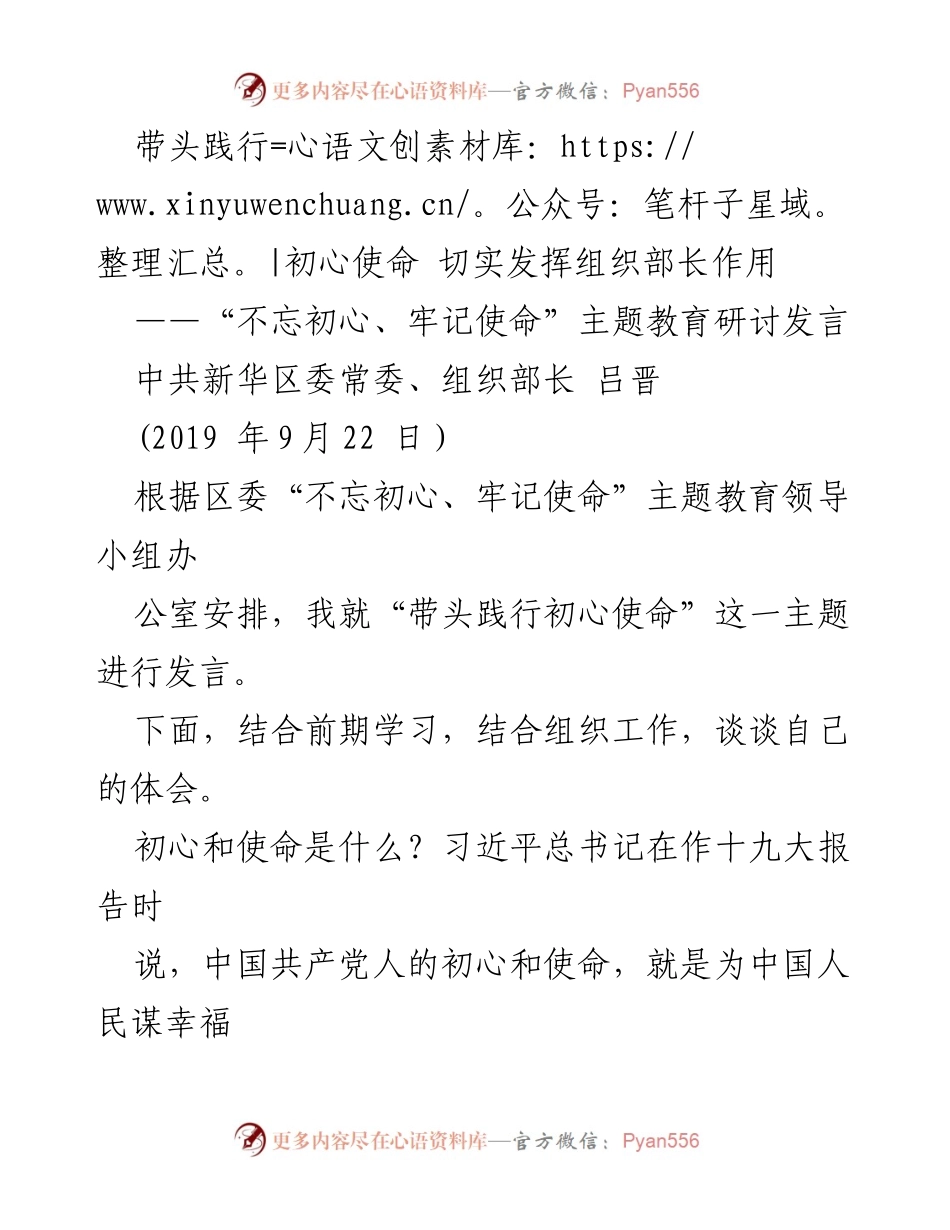 [发言] 主题教育研讨 - 带头践行初心使命，切实发挥组织部长作用.docx_第1页